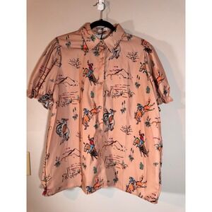 CHERRYBETTY Peach Western Cowboy Rodeo Print Puff Sleeve Button Down Shirt 2XL
